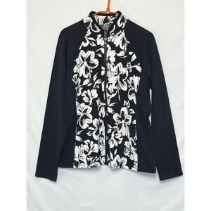 L-RL Lauren Active Women’s XL Black White Floral Print Long Sleeve Zip Jacket